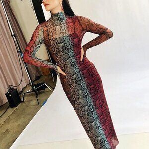 AFRM Shailene Long Sleeve Print Mesh Dress In Snake Ombre (XL)